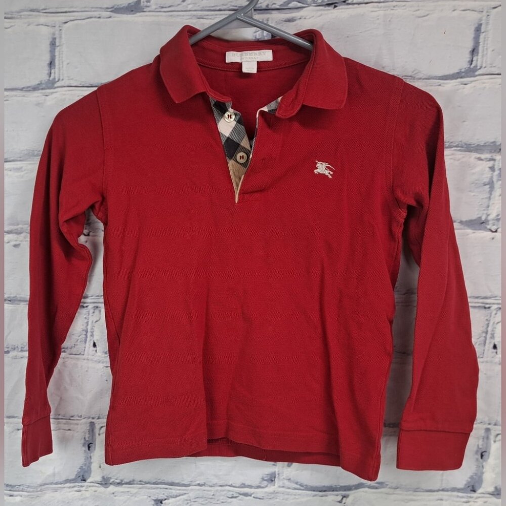Burberry Kids Boys Polo Shirt Long Sleeve Equestrian Knight Red Nova Check 10Y